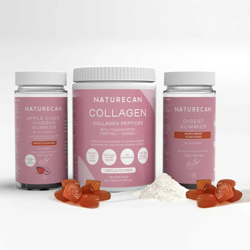 Pakiet wspierający zdrowie jeit od Naturecan: żelki probiotyczne, żelki z octem jabłkowym, kolagen