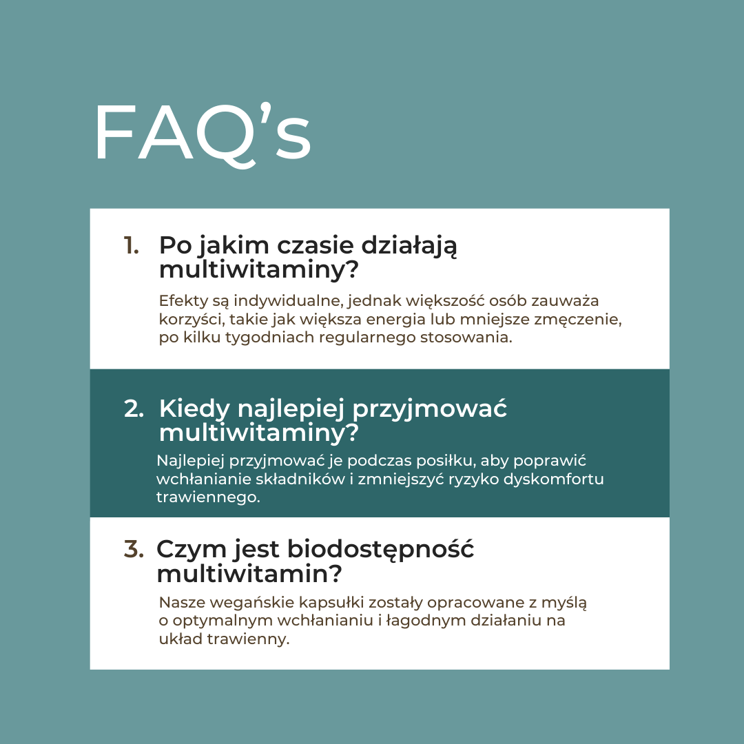 Sekcja FAQ z odpowiedziami na najczęstsze pytania dotyczące działania, stosowania i biodostępności multiwitamin.
