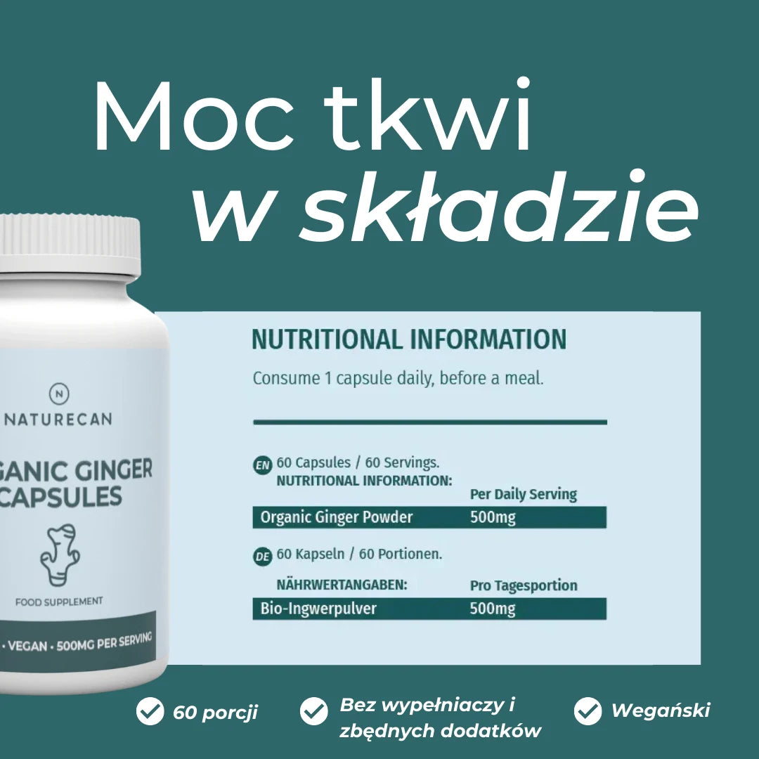 Wartości odżywcze kapsułek z imbirem Naturecan – 500 mg organicznego imbiru w porcji, 60 kapsułek