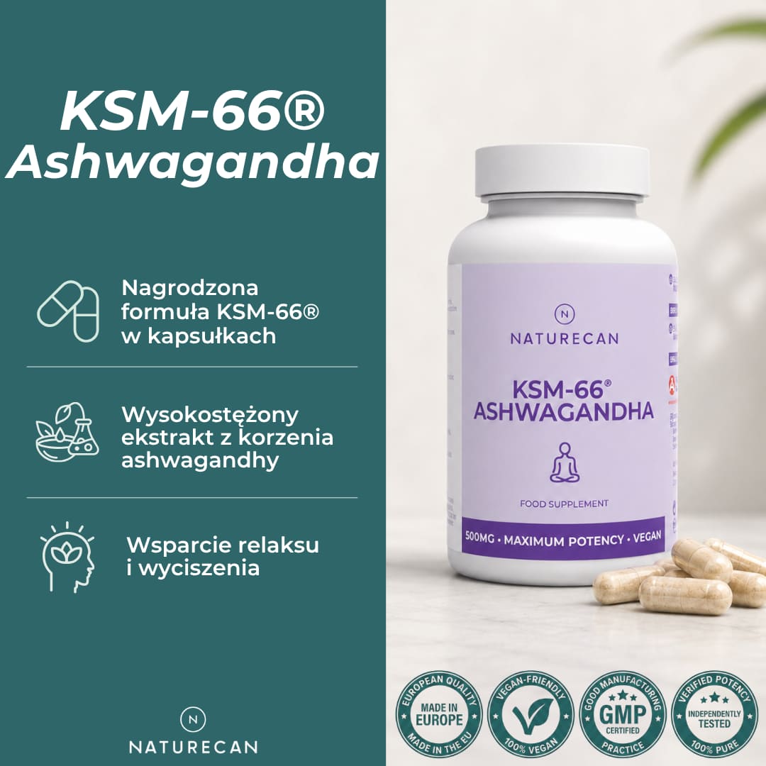 KSM-66 Ashwagandha Naturecan 500 mg – ekstrakt z korzenia ashwagandhy w kapsułkach
