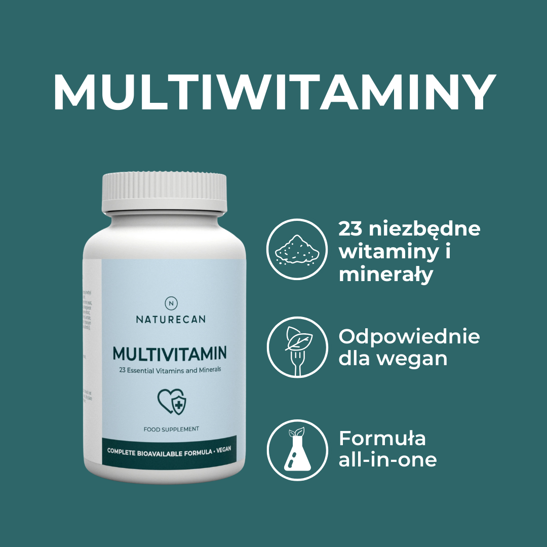 Butelka multiwitamin Naturecan zawierających 23 niezbędne witaminy i minerały, odpowiednich dla wegan, w formule all-in-one.