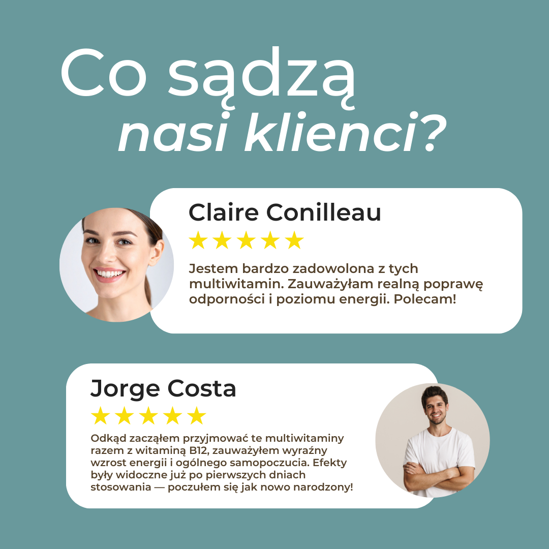 Opinie klientów o multiwitaminach Naturecan, pokazujące wysokie oceny oraz pozytywny wpływ na energię i odporność.