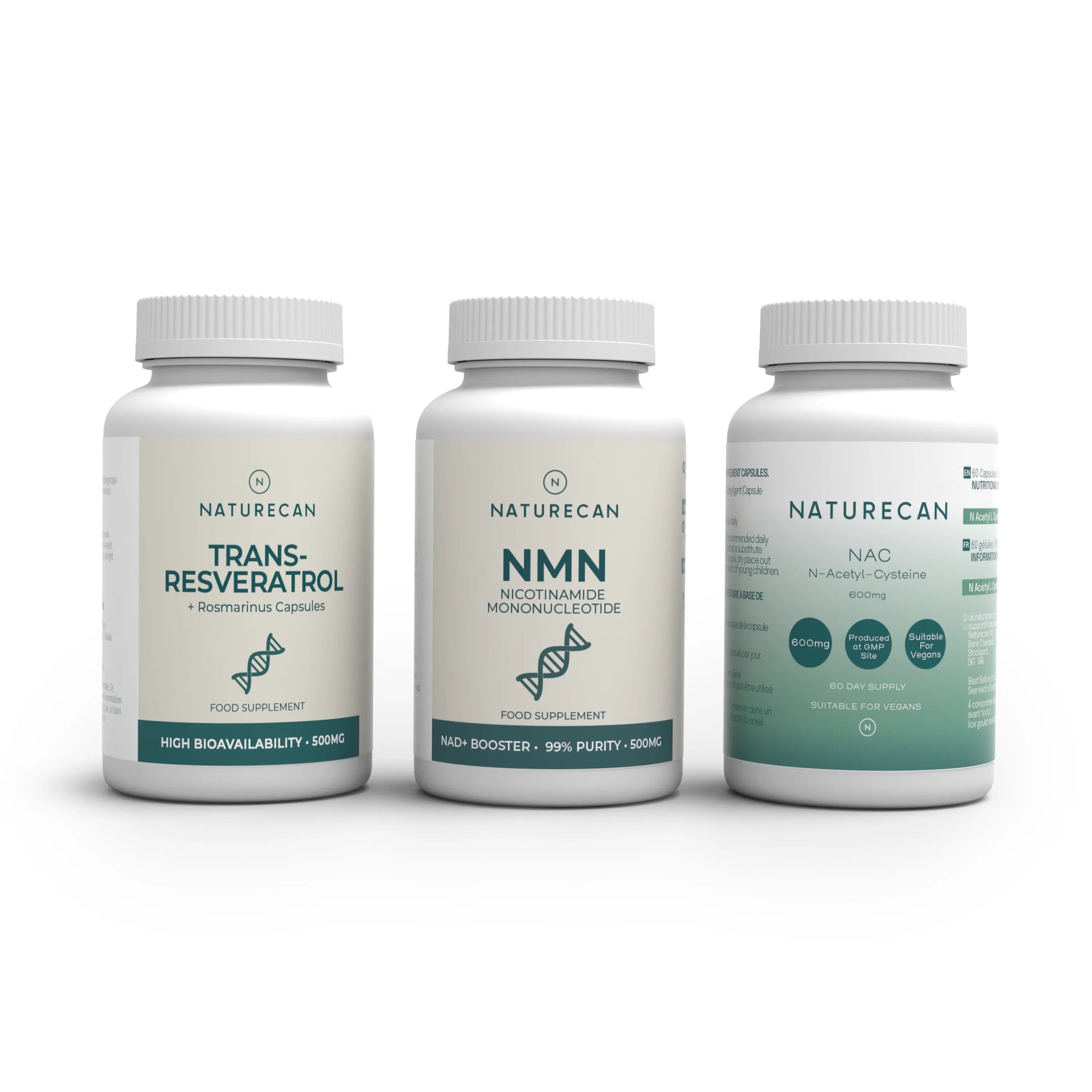 Trzy suplementy Naturecan - Reweratrol, NMN i NAC — zaprezentowane na białym tle jako zestaw anti-aging wspierający długowieczność i zdrowie metaboliczne.