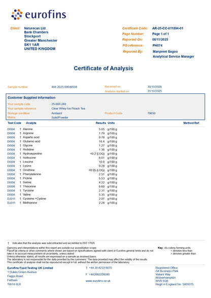 Certyfikat analizy aminokwasów – Naturecan izolat z czystego białka o smaku mrożonej herbaty brzoskwiniowej, szczegółowy aminogram i wyniki testów Eurofins.