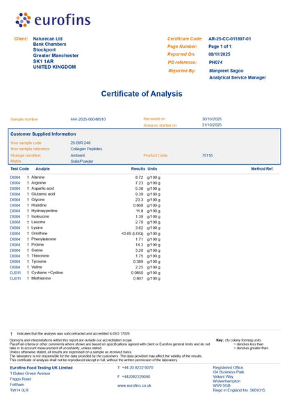 Certyfikat analizy aminokwasów – Naturecan Peptydy Kolagenowe, profil aminokwasowy i niezależne wyniki laboratoryjne Eurofins.”
