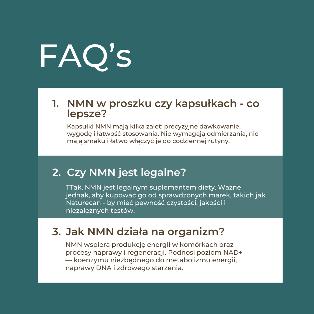 Sekcja FAQ dotycząca NMN: różnice między proszkiem a kapsułkami, legalność NMN oraz działanie NMN na organizm.