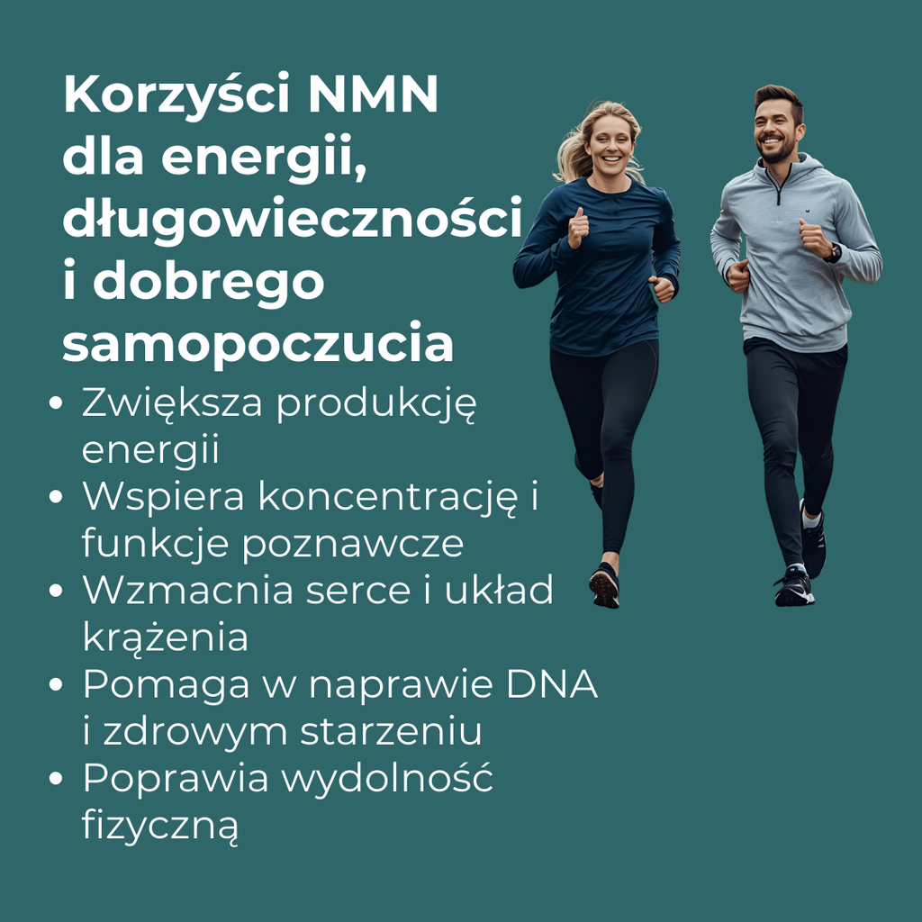 Korzyści suplementu NMN: zwiększona energia, wsparcie kognitywne, zdrowie serca, regeneracja DNA i poprawa wydolności fizycznej.