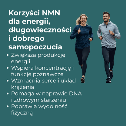 Korzyści suplementu NMN: zwiększona energia, wsparcie kognitywne, zdrowie serca, regeneracja DNA i poprawa wydolności fizycznej.
