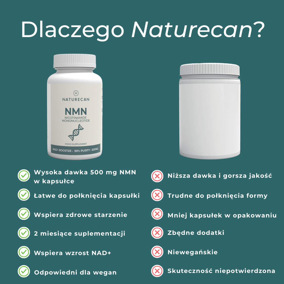 Porównanie NMN Naturecan z konkurencją: wyższa dawka, 99% czystości, wegańska kapsułka i brak niepożądanych dodatków.