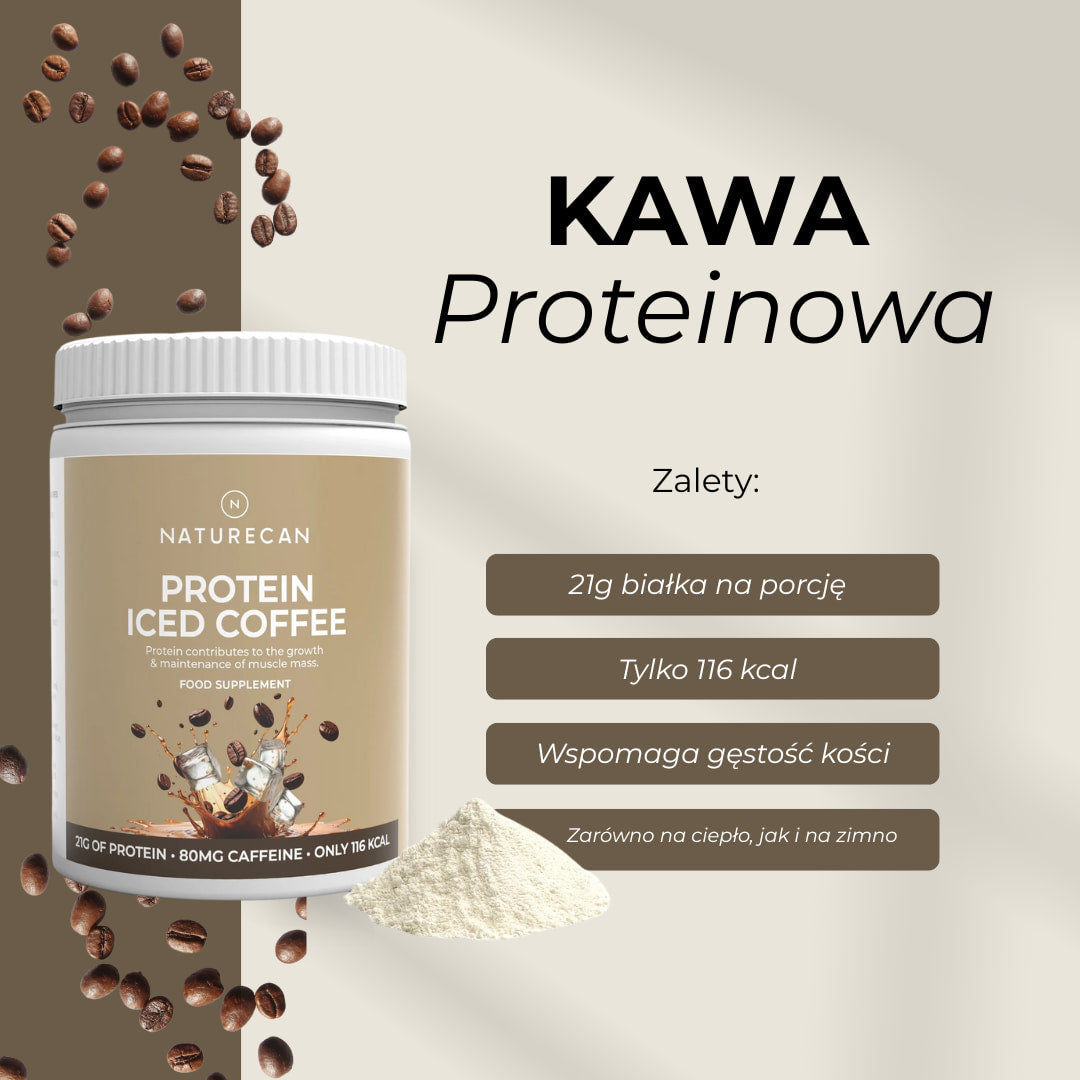 Kawa proteinowa Naturecan – lista zalet produktu, w tym zawartość białka 20 g i 116 kalorii na porcję.