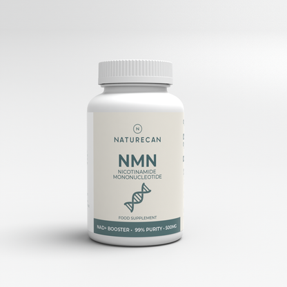 Butelka suplementu Naturecan NMN 500 mg – czyste NMN o 99% czystości, front etykiety.