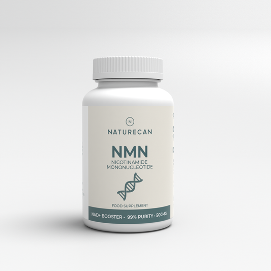 Butelka suplementu Naturecan NMN 500 mg – czyste NMN o 99% czystości, front etykiety.