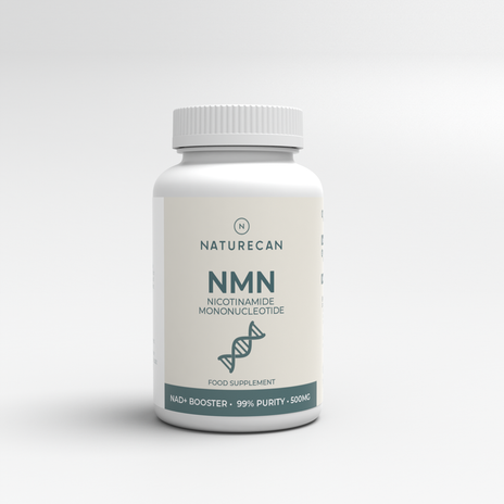 Butelka suplementu Naturecan NMN 500 mg – czyste NMN o 99% czystości, front etykiety.