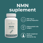 Infografika Naturecan NMN: 500 mg NMN w kapsułce, 99% czystości, odpowiedni dla wegan, wspiera zdrowe starzenie się.