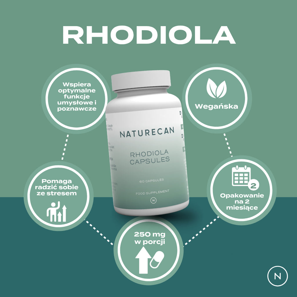 Rhodiola Rosea Naturecan - wegańska, opakowanie na 2 miesiące, 250 mg w dawce, pomaga radzić sobie ze stresem, wspiera funkcje umysłowe