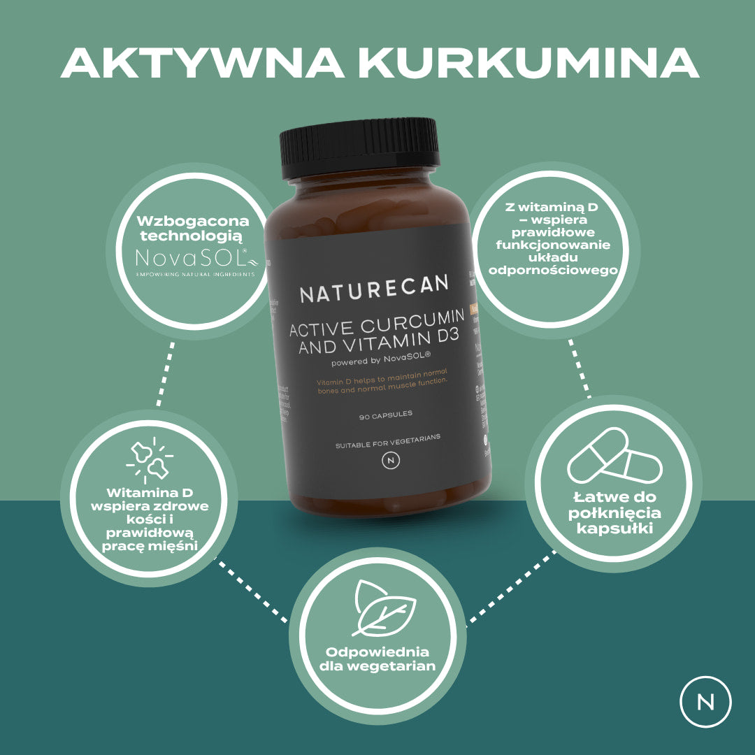 Aktywna kurkumina w kapsułkach z technologią NovaSOL i witaminą D3 – suplement wspierający odporność, kości i mięśnie, odpowiedni dla wegetarian