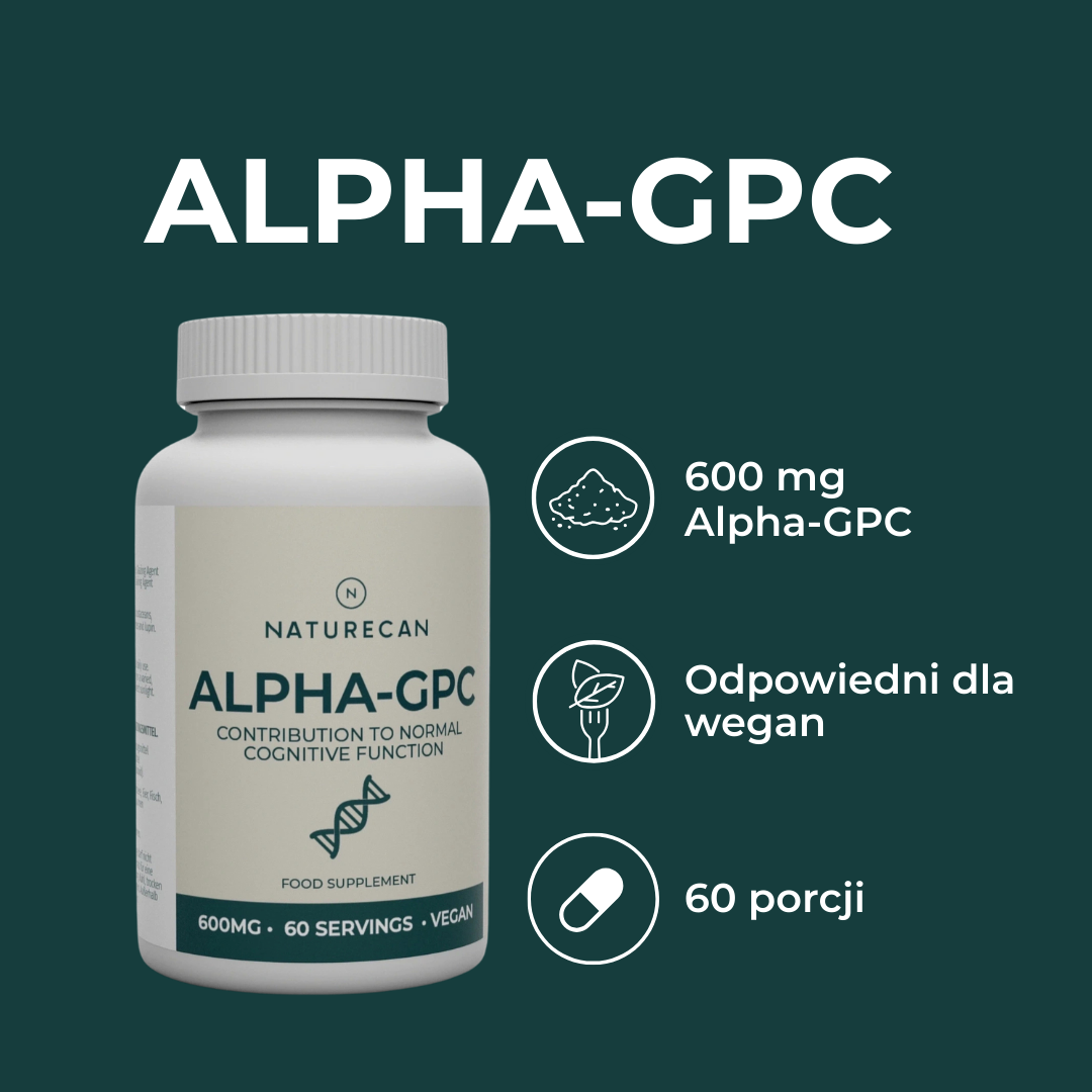 Naturecan Alpha-GPC 600 mg – suplement wegański, 60 porcji, kluczowe informacje o produkcie.