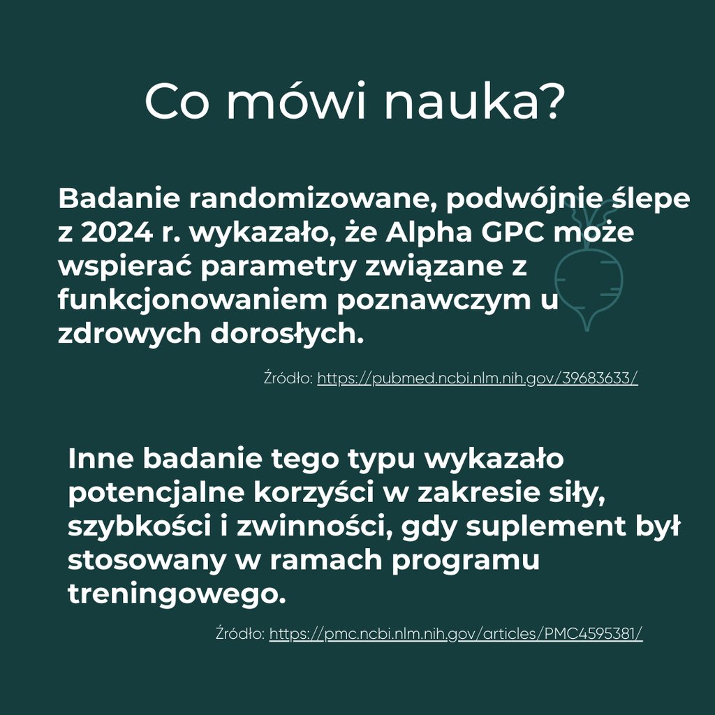 Podsumowanie badań naukowych dotyczących działania Alpha-GPC na funkcje poznawcze i wydolność.