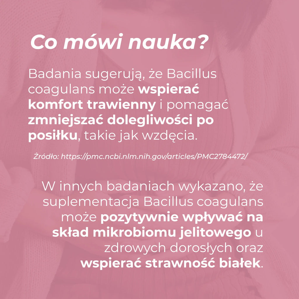 Informacja edukacyjna o badaniach nad Bacillus coagulans, mikrobiomem jelitowym, trawieniem i wzdęciami.