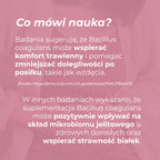 Informacja edukacyjna o badaniach nad Bacillus coagulans, mikrobiomem jelitowym, trawieniem i wzdęciami.