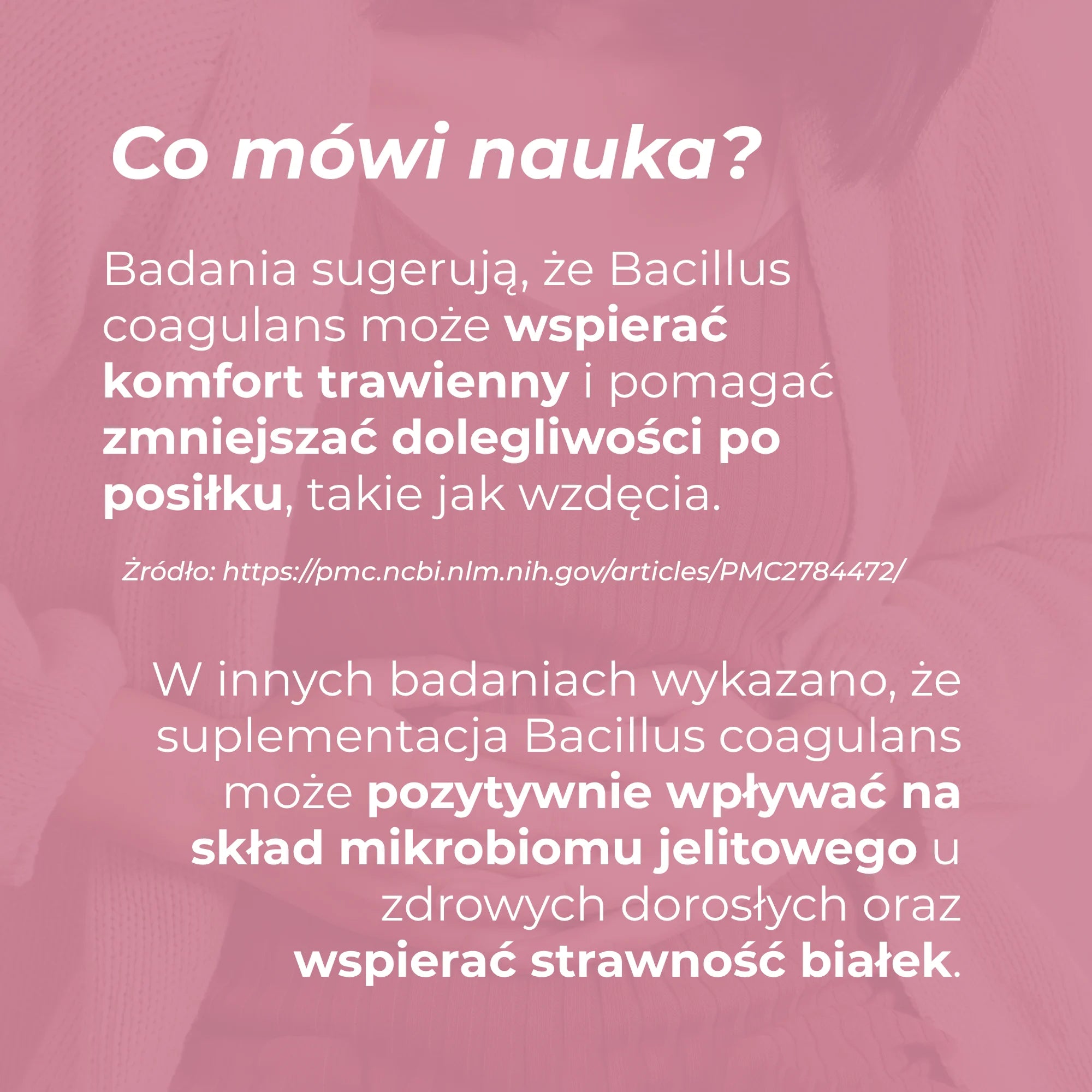 Informacja edukacyjna o badaniach nad Bacillus coagulans, mikrobiomem jelitowym, trawieniem i wzdęciami.