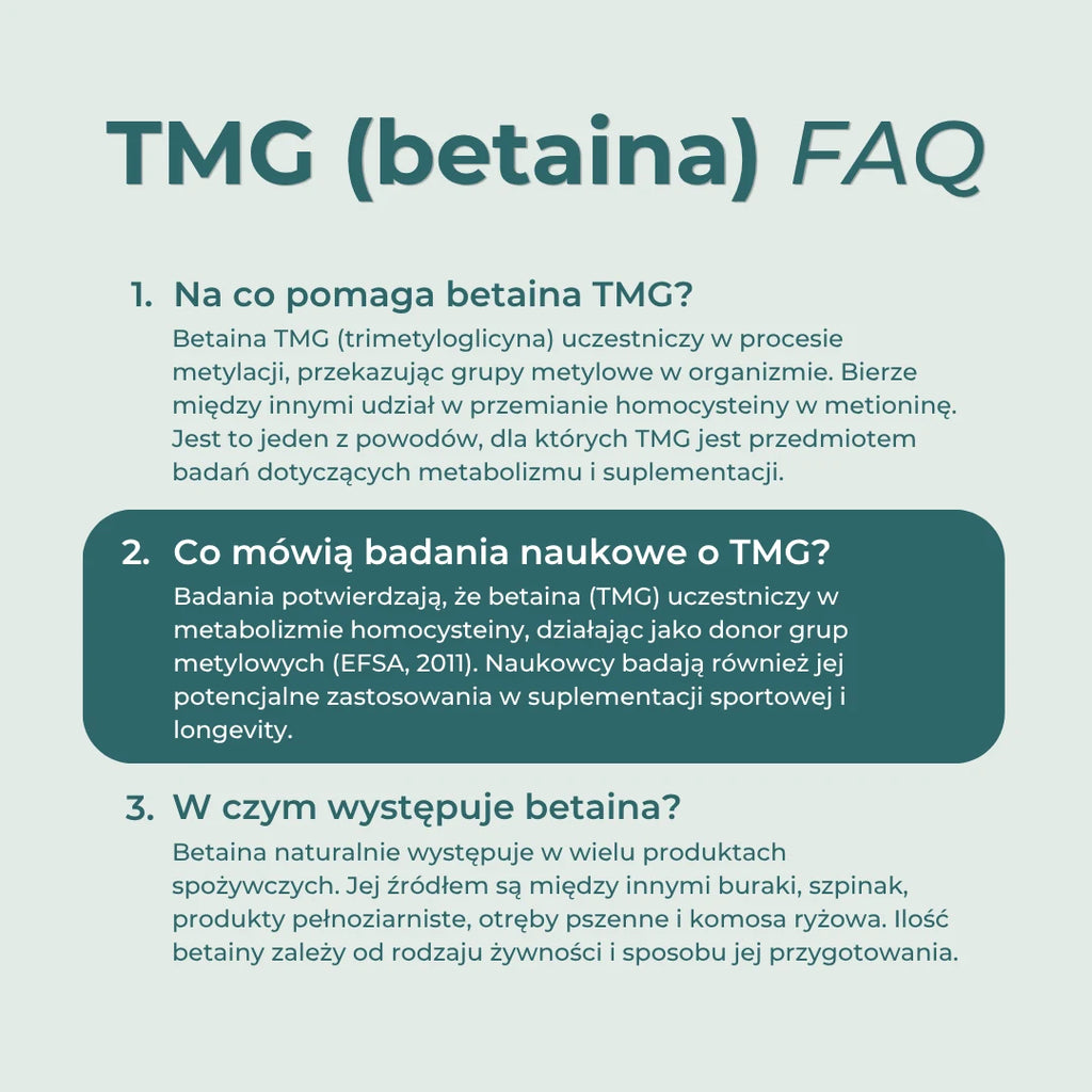 Najczęstsze pytania o betainę TMG – jej działanie, naturalne źródła i badania naukowe.