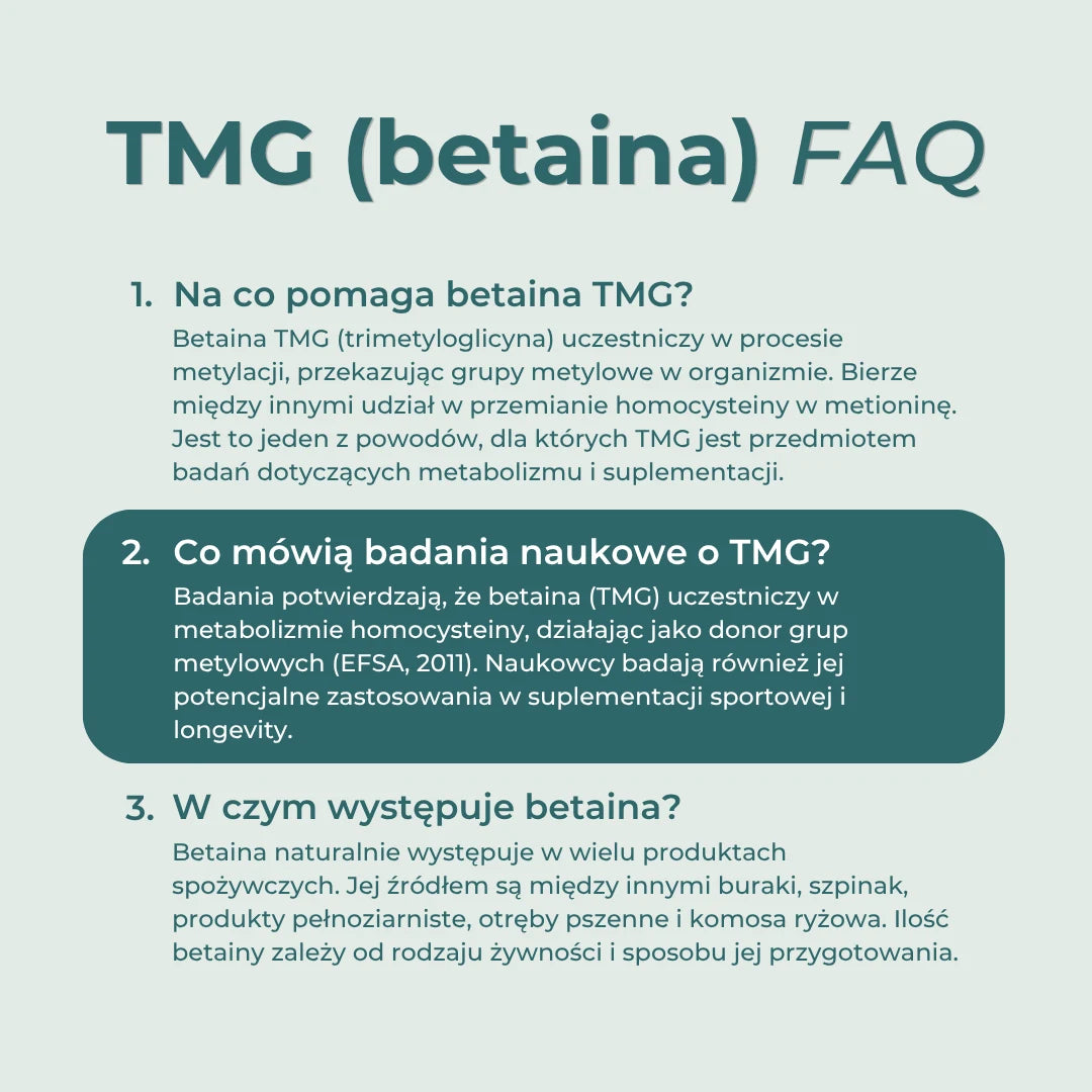 Najczęstsze pytania o betainę TMG – jej działanie, naturalne źródła i badania naukowe.