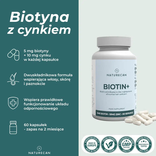 Biotyna z cynkiem Naturecan z 5 mg biotyny i 10 mg cynku w kapsułce, wspierająca włosy, skórę, paznokcie i odporność