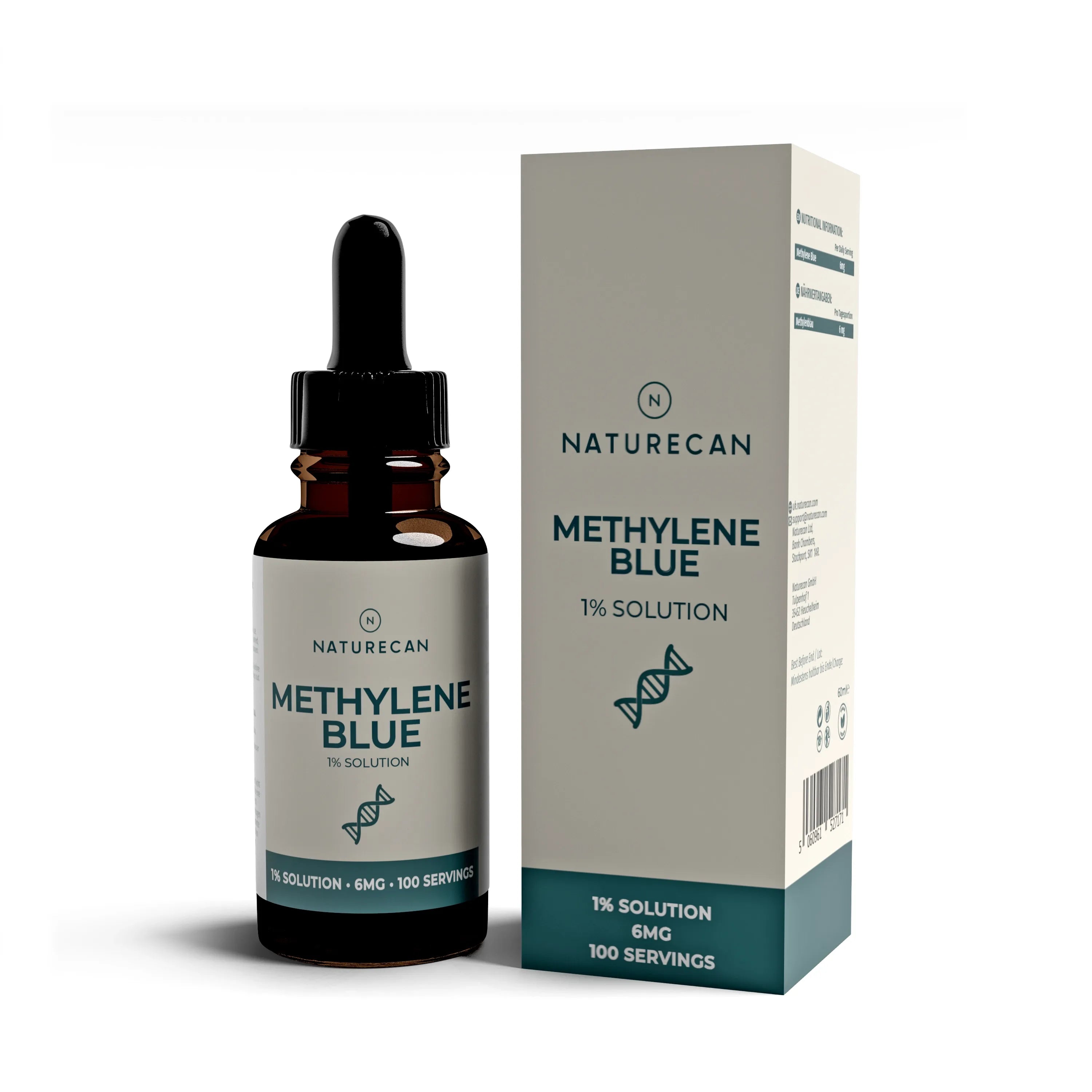 Błękit metylenowy 1% Naturecan 6 mg na porcję 100 porcji opakowanie z pipetą na białym tle