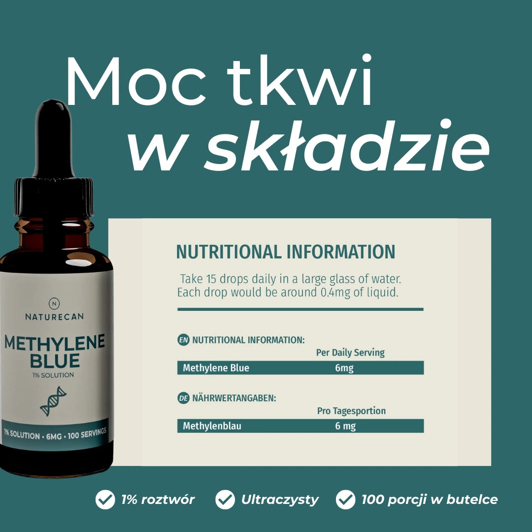 Błękit metylenowy 1% Naturecan – skład, dawkowanie 15 kropli dziennie, 6 mg na porcję, 100 porcji w butelce