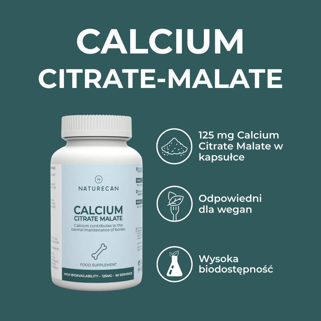Naturecan Calcium Citrate Malate – 125 mg w kapsułce, wysoka biodostępność, odpowiedni dla wegan
