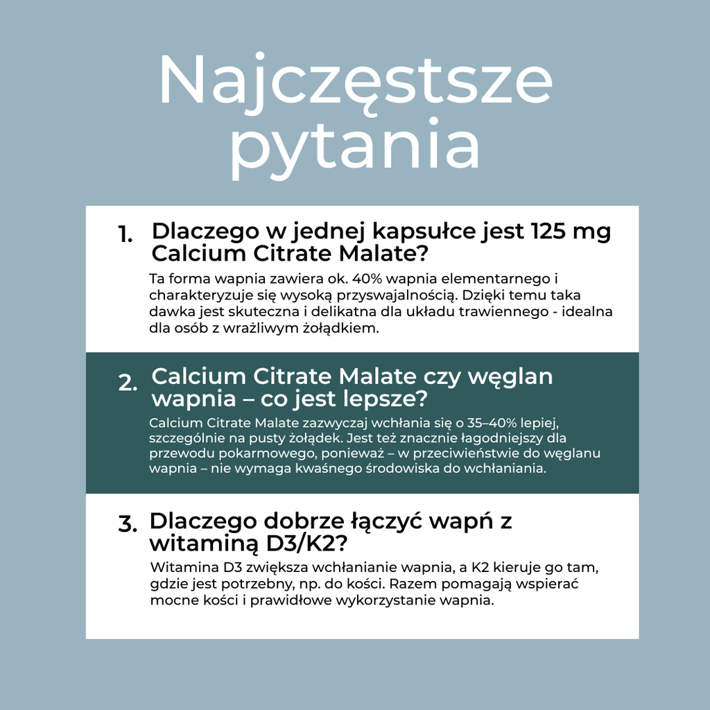 Najczęściej zadawane pytania o Calcium Citrate Malate – dawka, przyswajalność, połączenie z witaminą D3/K2