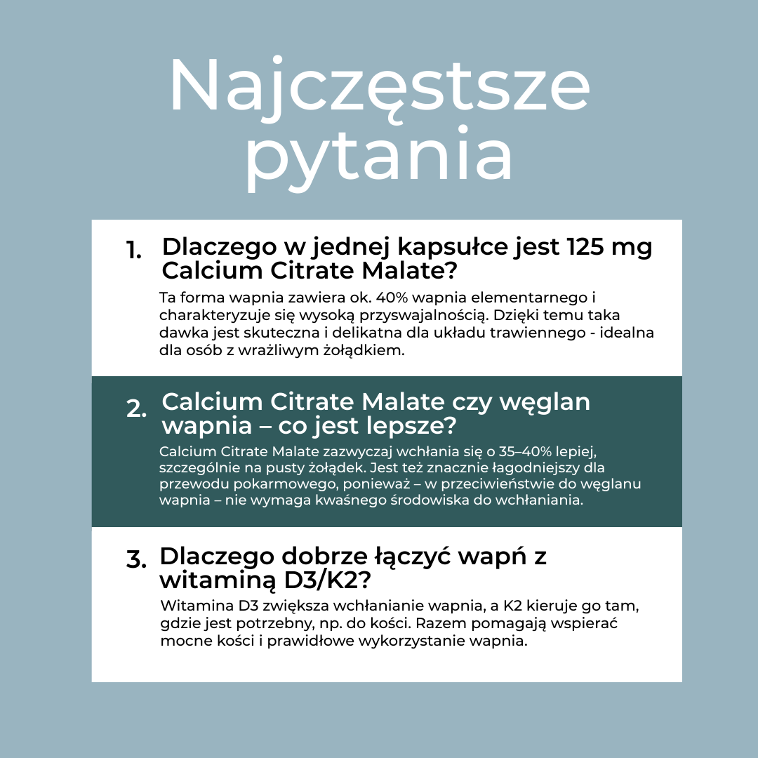 Najczęściej zadawane pytania o Calcium Citrate Malate – dawka, przyswajalność, połączenie z witaminą D3/K2