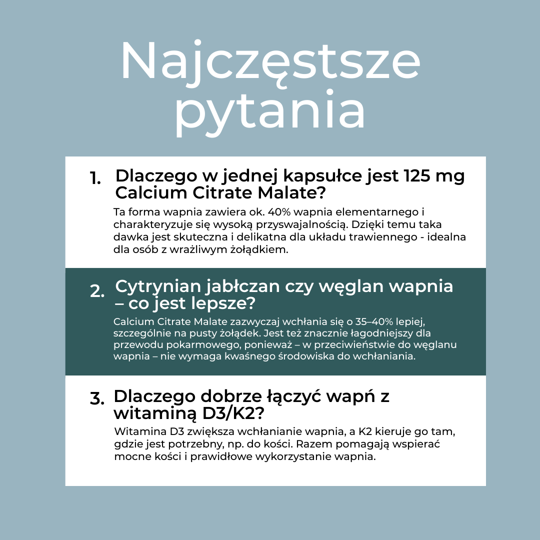 Najczęściej zadawane pytania o Calcium Citrate Malate – dawka, przyswajalność, połączenie z witaminą D3/K2
