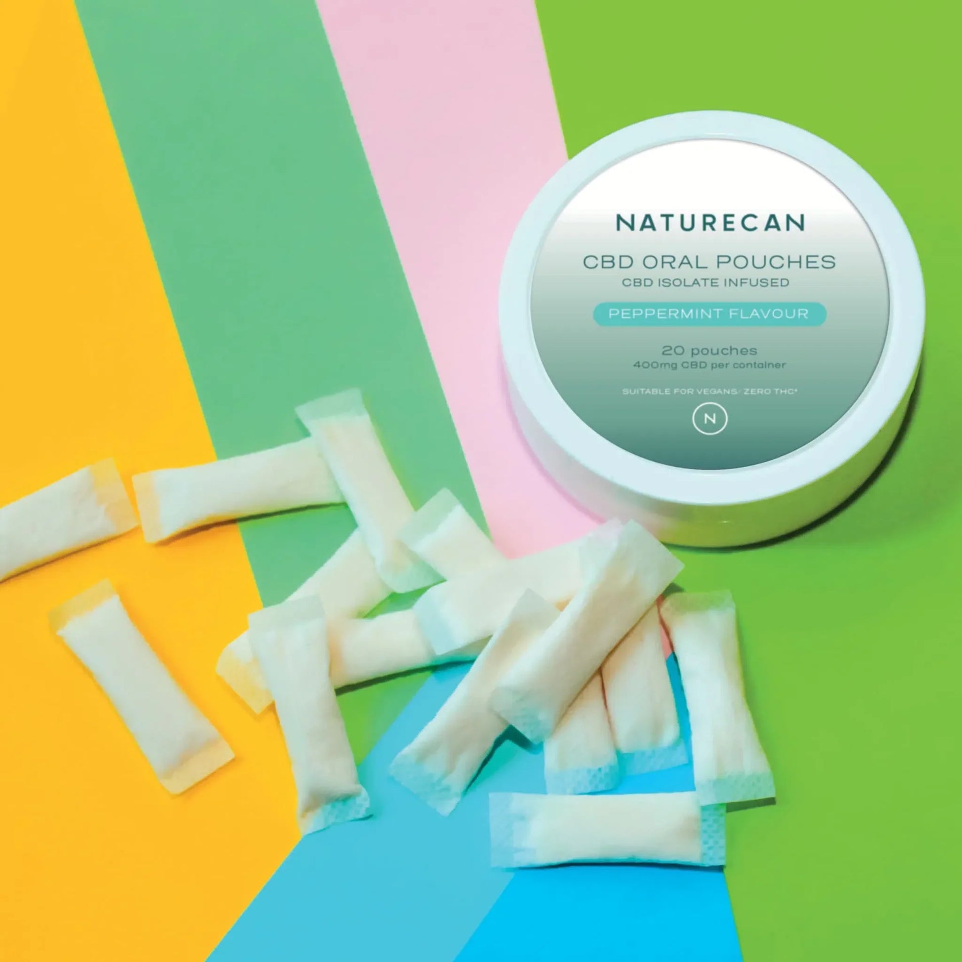 Saszetki miętowego snusu CBD Naturecan wysypane obok opakowania na kolorowym tle