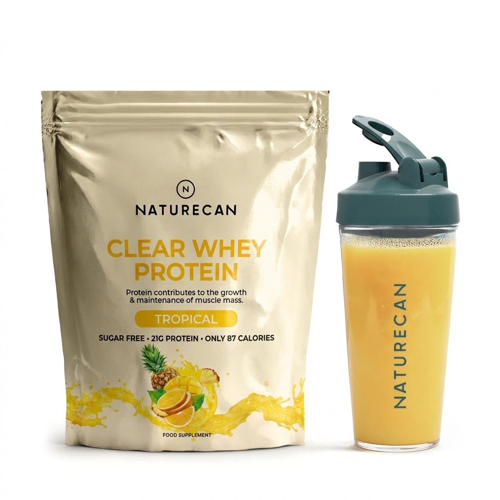 Clear Whey Protein Naturecan o smaku owoców tropikalnych z żółtym napojem białkowym w shakerze
