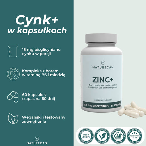 Cynk Complex w kapsułkach Naturecan z 15 mg bisglicynianu cynku, witaminą B6, miedzią i borem.