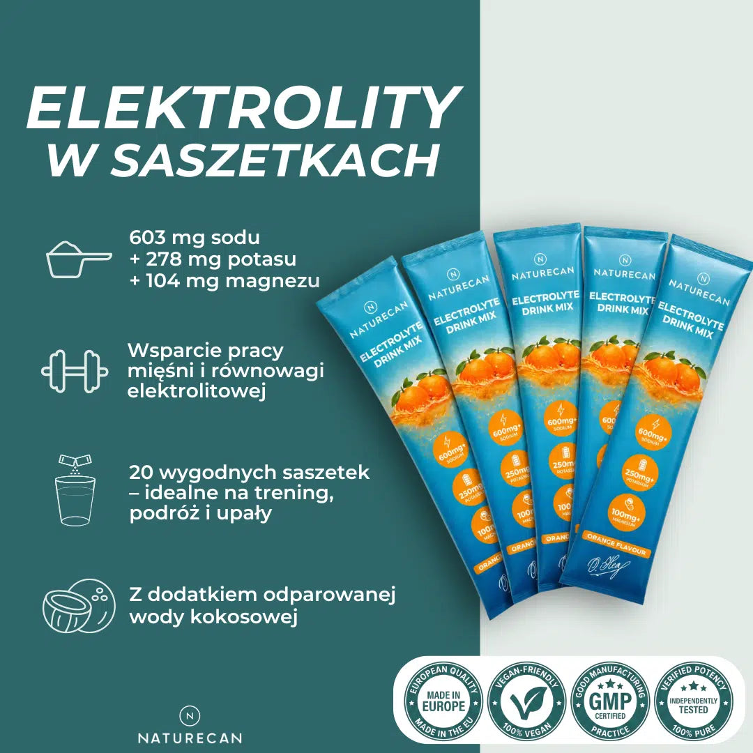 Elektrolity w saszetkach Naturecan z sodem, potasem, magnezem i dodatkiem wody kokosowej