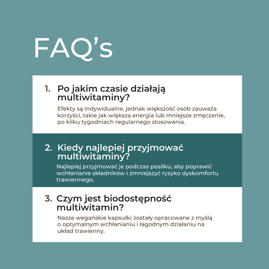 Sekcja FAQ z odpowiedziami na najczęstsze pytania dotyczące działania, stosowania i biodostępności multiwitamin.