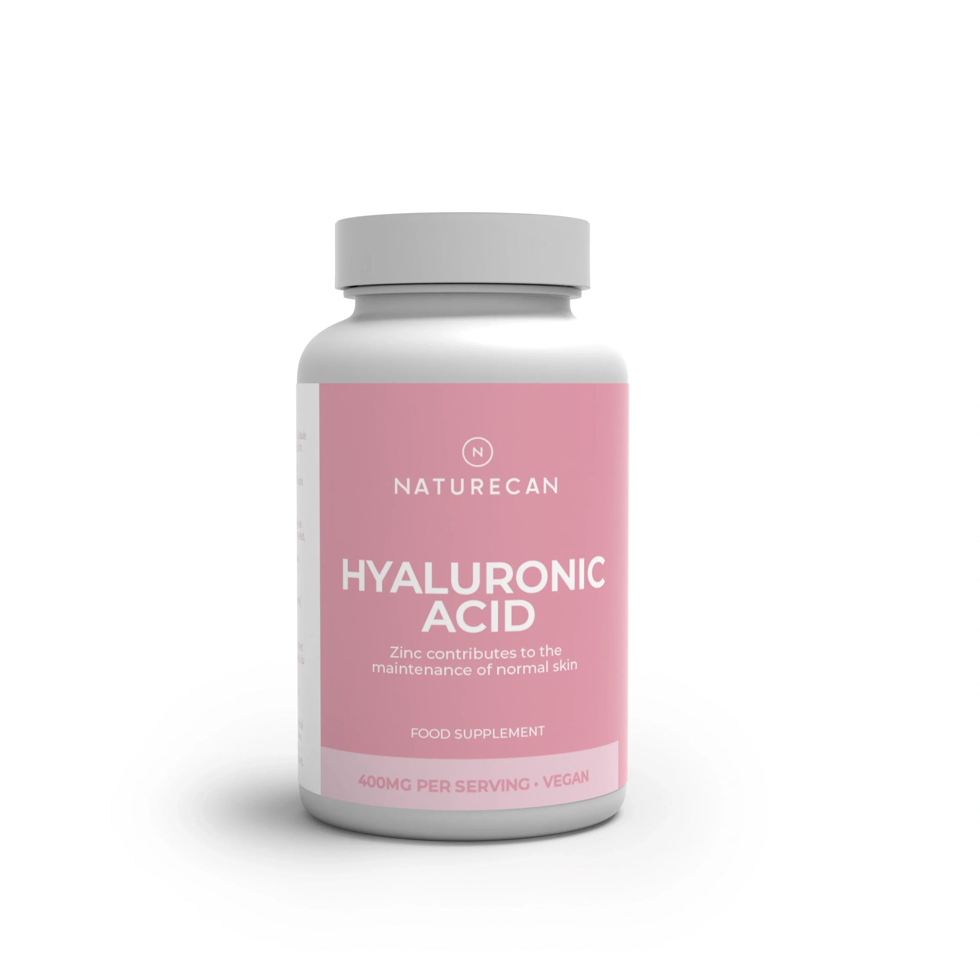 Opakowanie suplementu Naturecan Hyaluronic Acid 400 mg na neutralnym, jasnym tle. Produkt wspiera zdrową skórę, zawiera cynk i jest odpowiedni dla wegan.