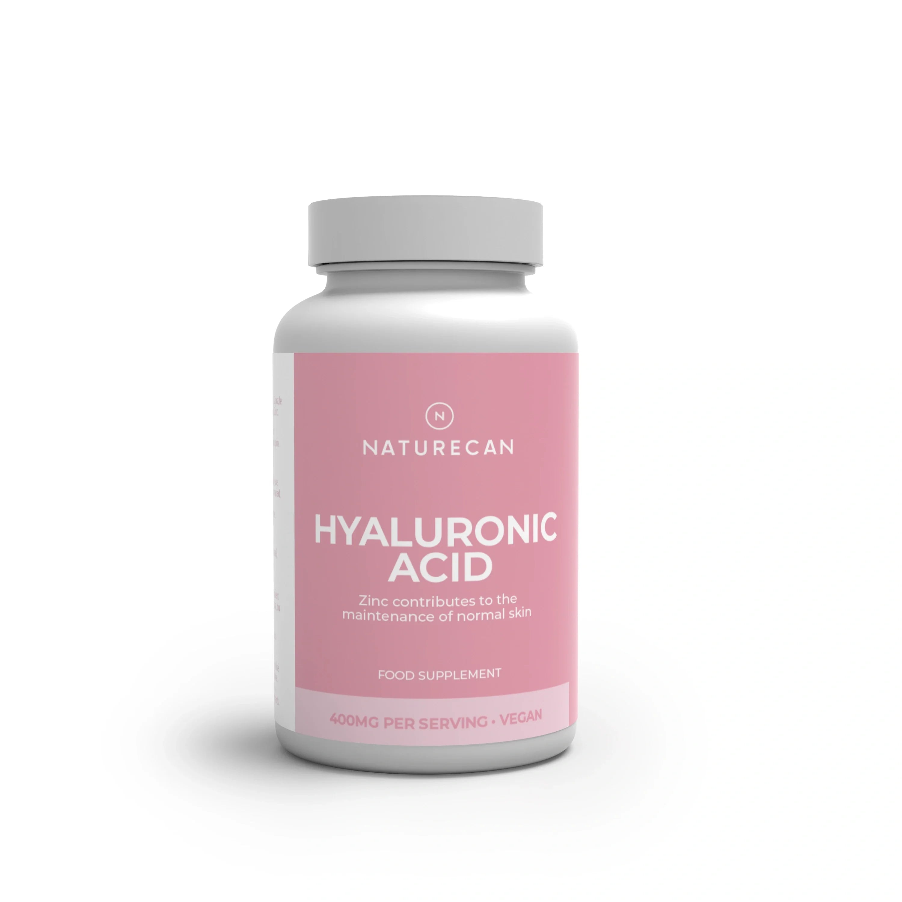 Opakowanie suplementu Naturecan Hyaluronic Acid 400 mg na neutralnym, jasnym tle. Produkt wspiera zdrową skórę, zawiera cynk i jest odpowiedni dla wegan.