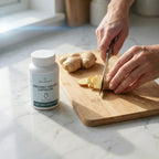 Kpaułki z organicznym imbirem Naturecan, świeży imbir krojony na drewnianej desce w kuchni