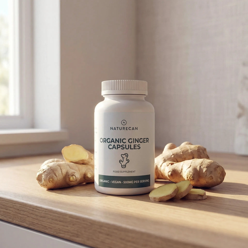 Kapsułki z organicznym imbirem 500 mg Naturecan - opakowanie i świeży imbir