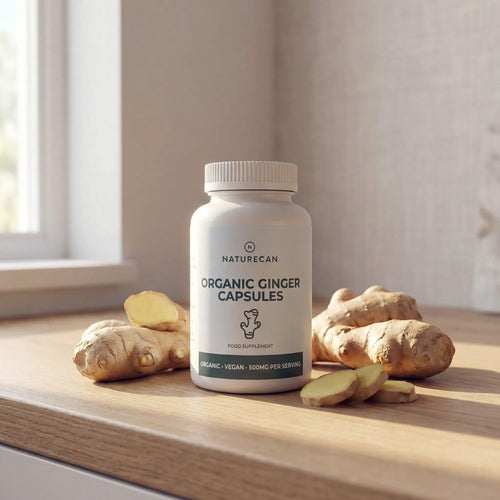 Kapsułki z organicznym imbirem 500 mg Naturecan - opakowanie i świeży imbir