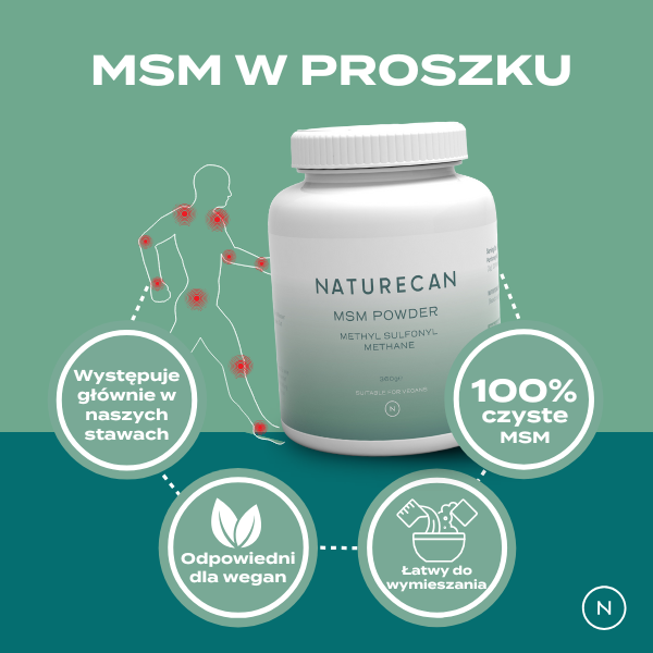Infografika Naturecan MSM w proszku przedstawiająca 100% czyste MSM, korzyści dla stawów, wegańską formułę i łatwo mieszający się proszek.