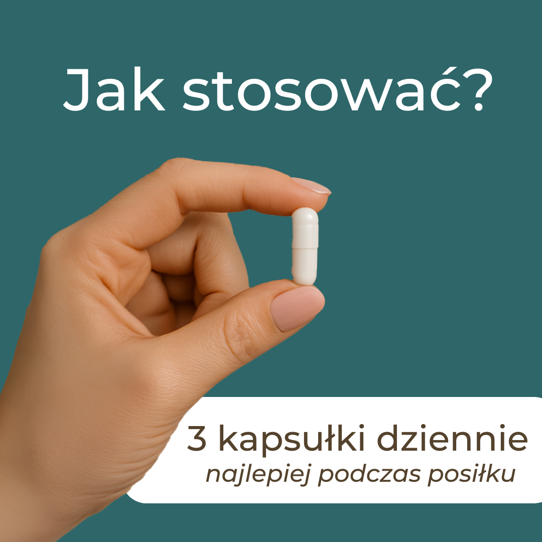 Ilustracja pokazująca sposób stosowania multiwitamin Naturecan – trzy kapsułki dziennie, najlepiej podczas posiłku.
