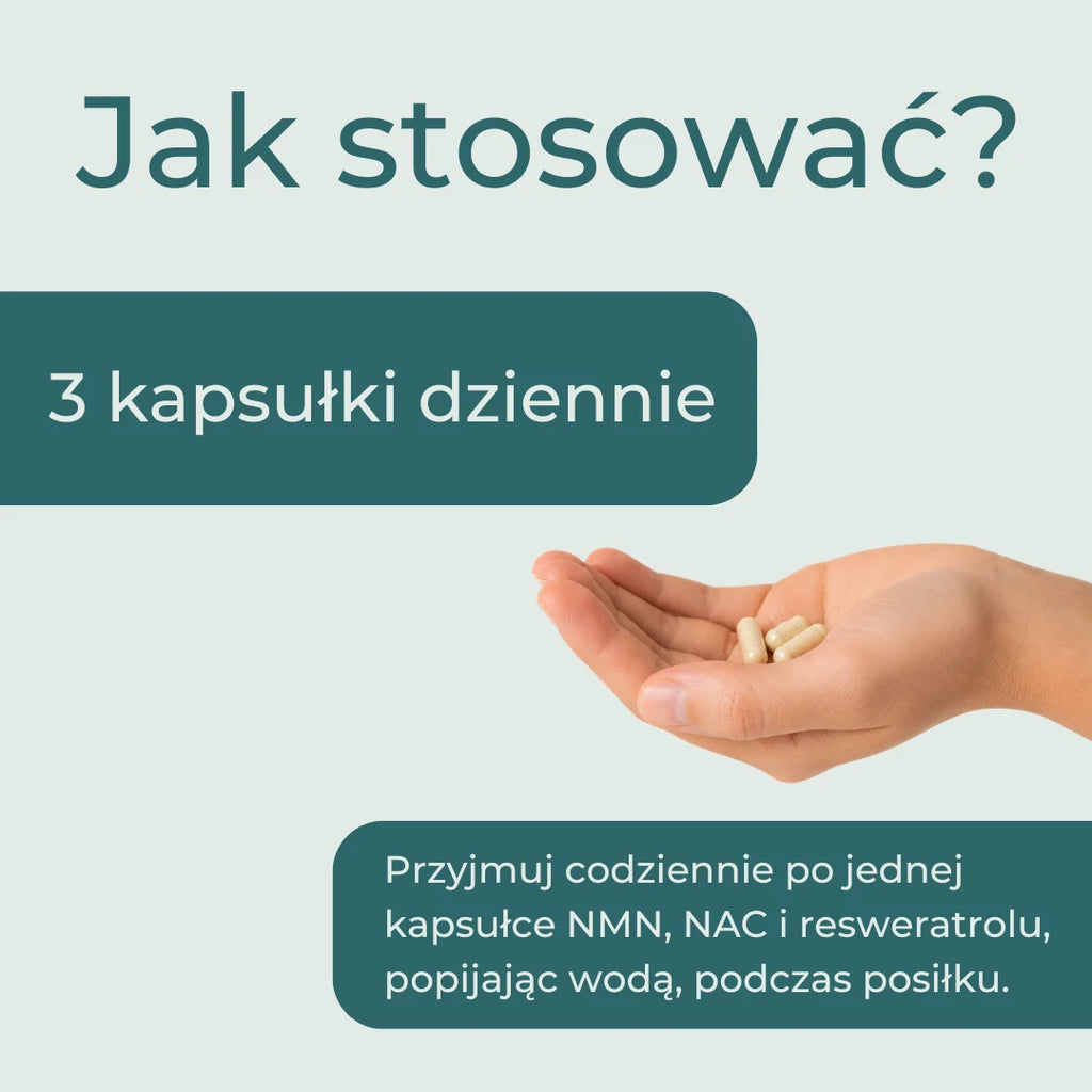 Jak stosować Pakiet anti-aging Naturecan – jedna kapsułka NMN, NAC i resweratrolu dziennie podczas posiłku
