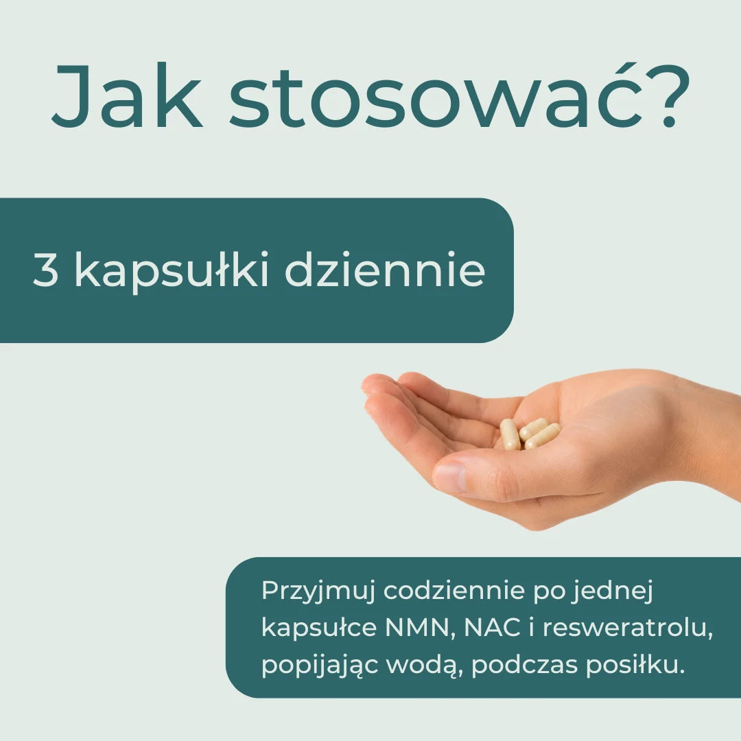 Jak stosować Pakiet anti-aging Naturecan – jedna kapsułka NMN, NAC i resweratrolu dziennie podczas posiłku
