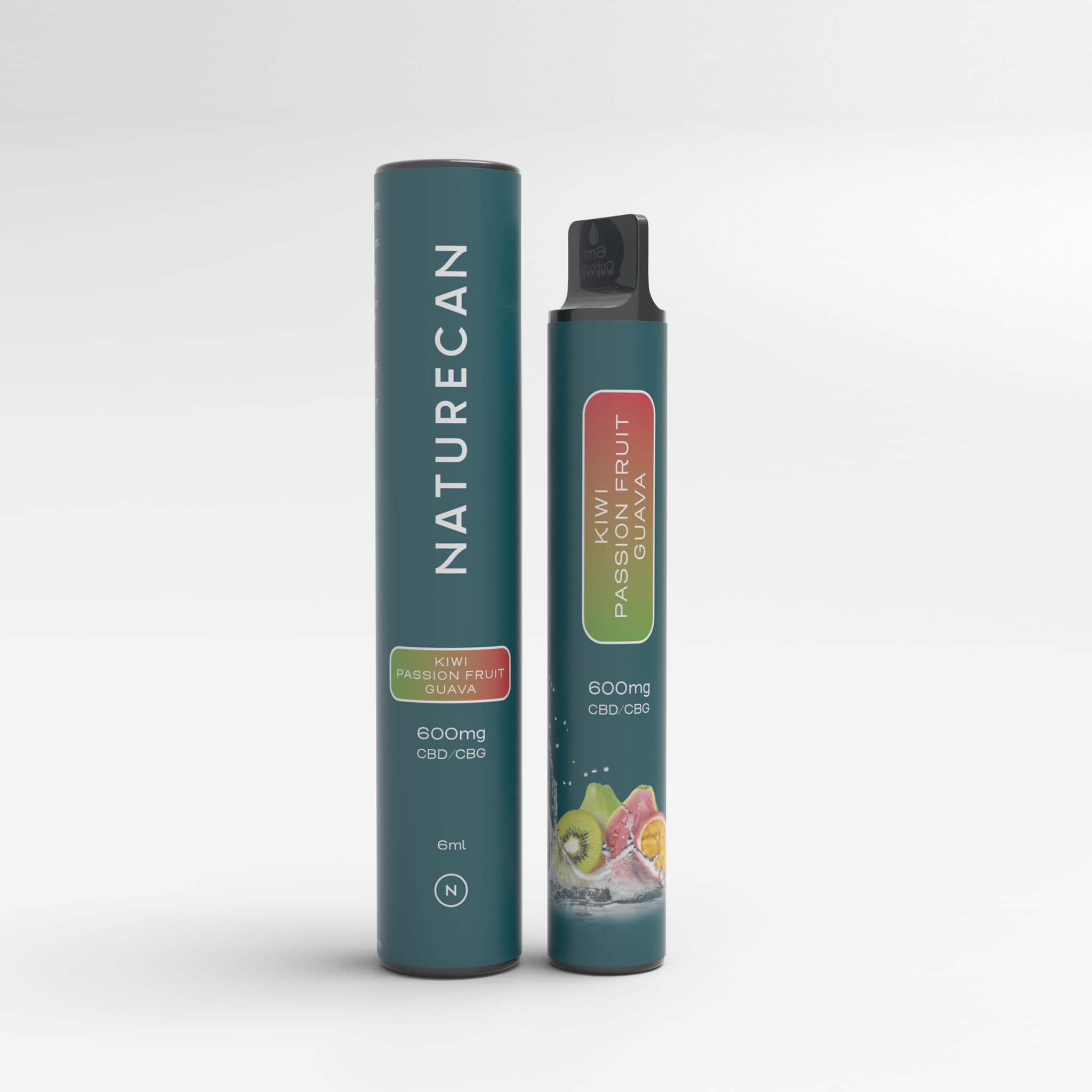 Jednorazowy vape Naturecan CBD/CBG w smaku Kiwi–Passionfruit–Guava, pokazany obok tuby ochronnej.