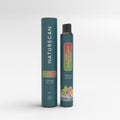 Jednorazowy vape Naturecan CBD/CBG w smaku Kiwi–Passionfruit–Guava, pokazany obok tuby ochronnej.